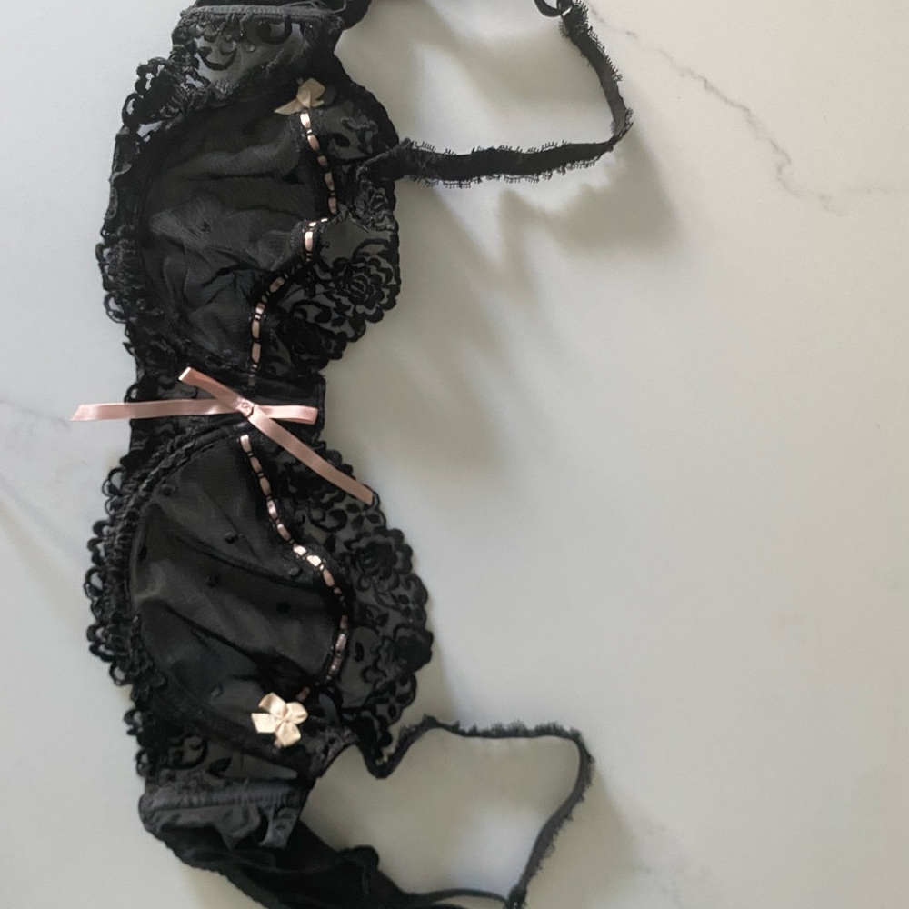 Elegant Black Lace Bra with Pink Floral Accents
